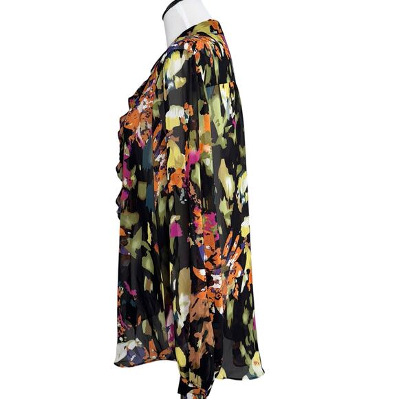Cabi Multicolor Floral Cascade Ruffle and Tie Front Semi Sheer Top/Tunic-Medium - Picture 5 of 10